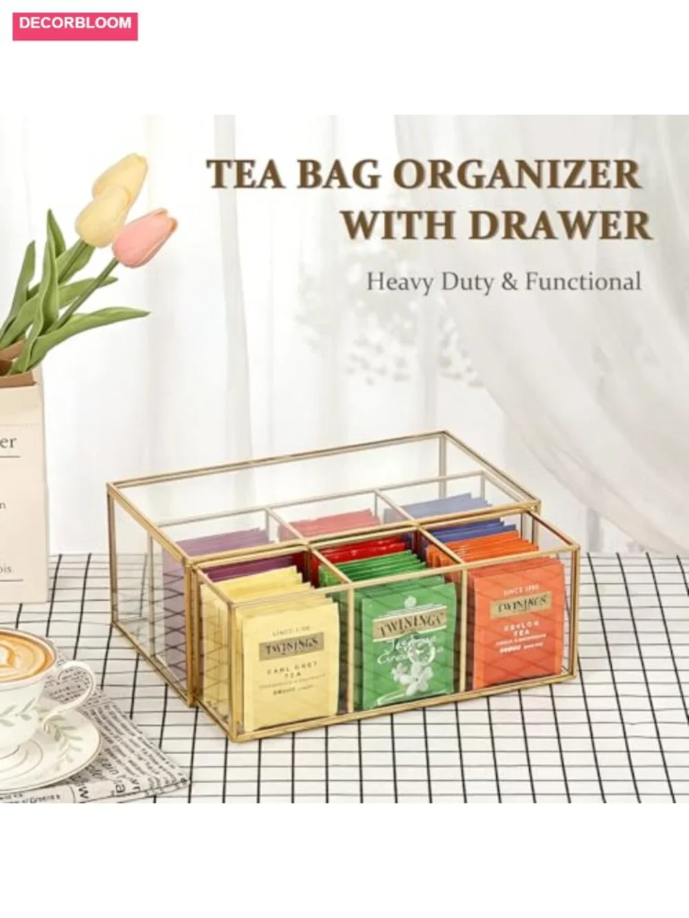 Glass Tea Bag Organizer with Drawer, 6 Compartments, Coffee and Drip Bag